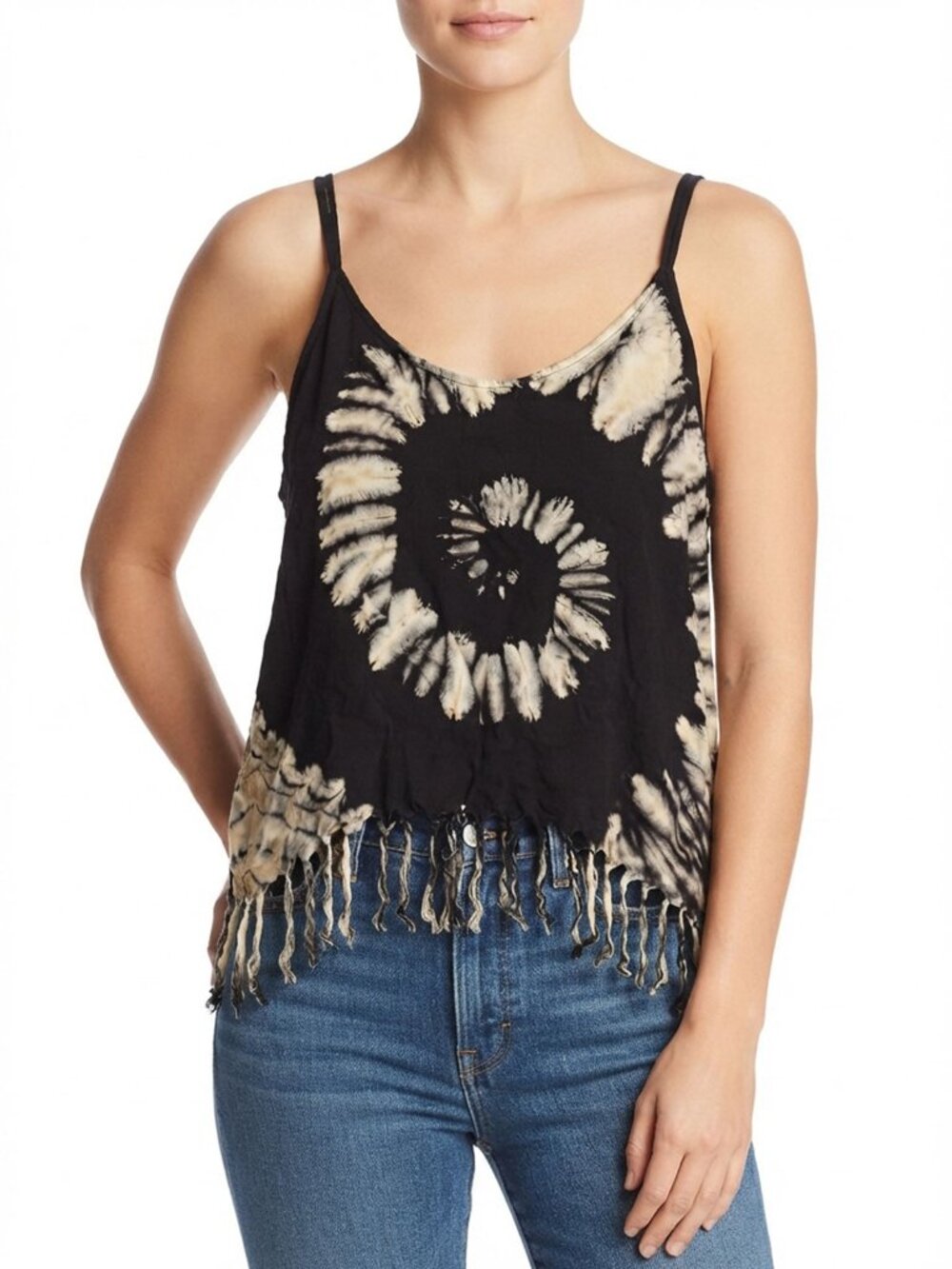 Tie Dye Spiral Tassel Hem Black Tank Top Festival Boho Grunge Black Tan